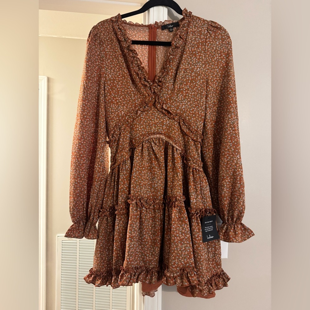 Lulu's Rust Floral Long Sleeve Dress
